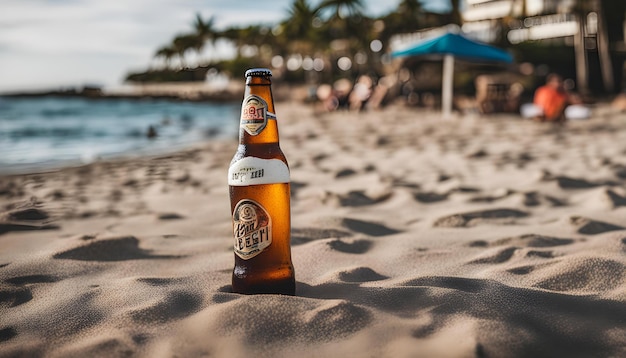 a bottle of coronado beer sits on the sand