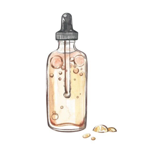 Bottle cosmetic oil with drops facecare isolated on white background watercolor hand drawn illustrat