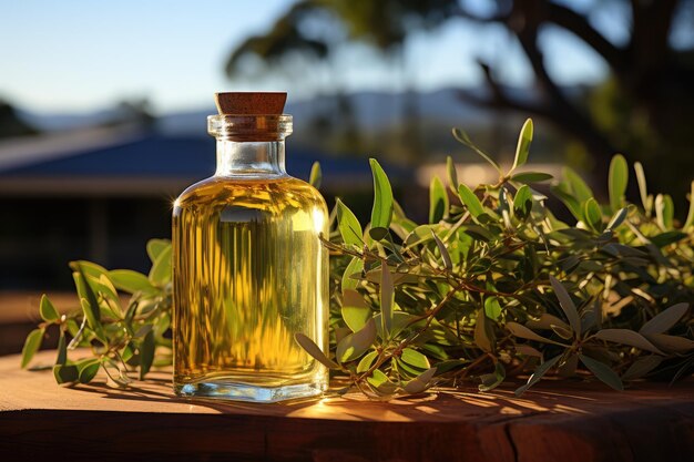 Bottle of cosmetic oil with eucalyptus branches Generative AI