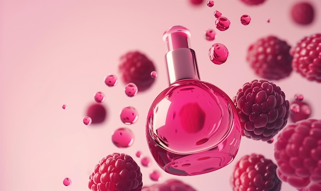 The bottle of cosmetics high Light pink gradient colour background with raspberries Generated by artificial intelligence