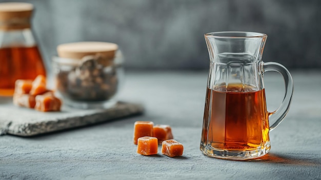 Bottle of Delicious Syrup Glass of Coffee and Caramel