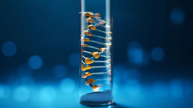 A bottle of dna sits in a glass with a blue background.