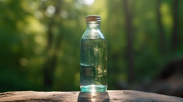 A bottle of drinking water stands on a blur green nature with Generative AI Technology