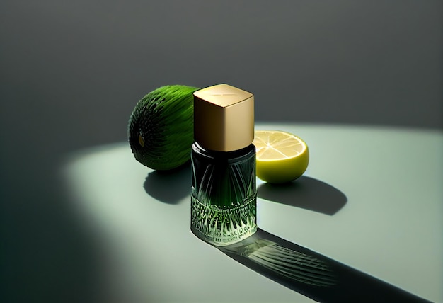 Bottle of essence perfume on dark background with sunlight and shadows AI Generated