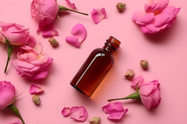 Bottle of essential oil and pink roses on color background with copyspace