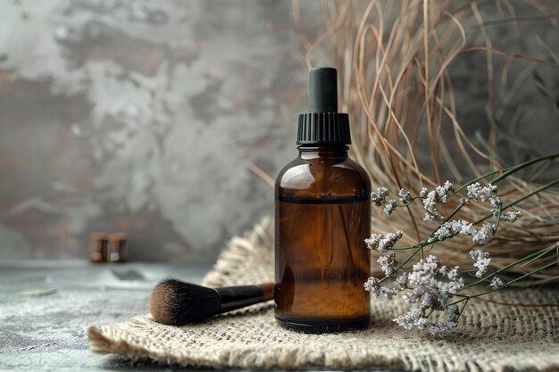 A bottle of essential oil with a brush next to it