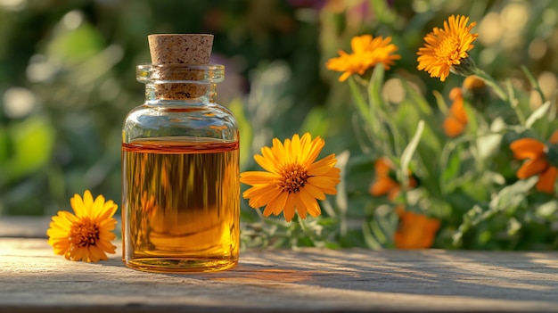 Bottle of Essential Oil with Calendula Extract on Wooden Background