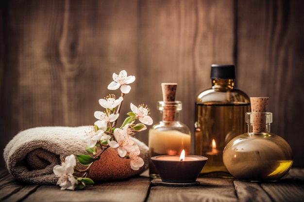 A bottle of essential oil with flowers on a wooden table