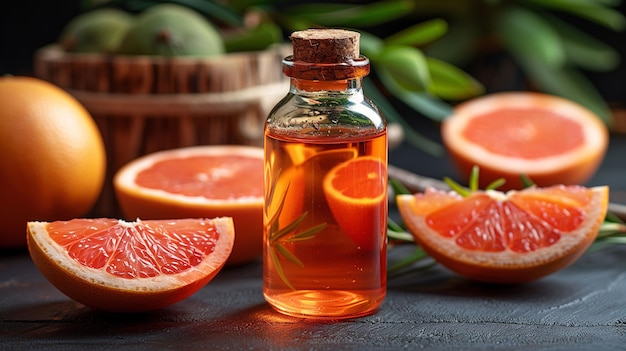 A bottle of essential oil with slices of fresh grapefruit and a sprig of rosemary on a dark textured