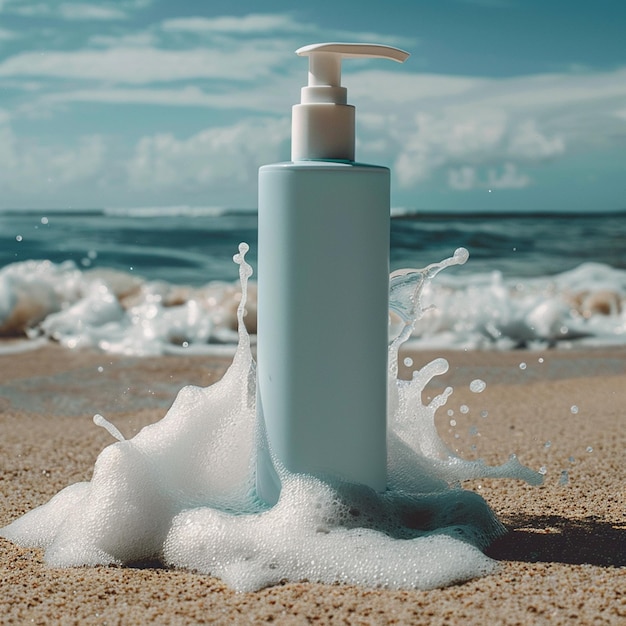 A bottle of facial cleanser on blue water aqua background