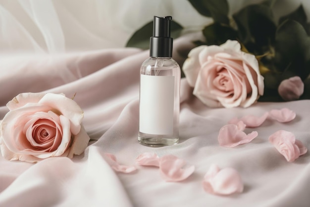 Bottle of facial cleanser nestled in the midst of roses AI generated