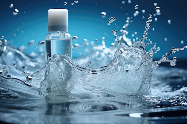 bottle of facial cleanser with clean water splashes