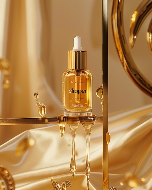 A bottle of facial serum hangs on gold metal