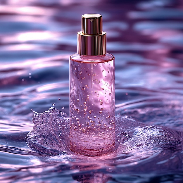 Photo a bottle of facial serum with an elegant gold cap is floating above swirling water surrounded by so