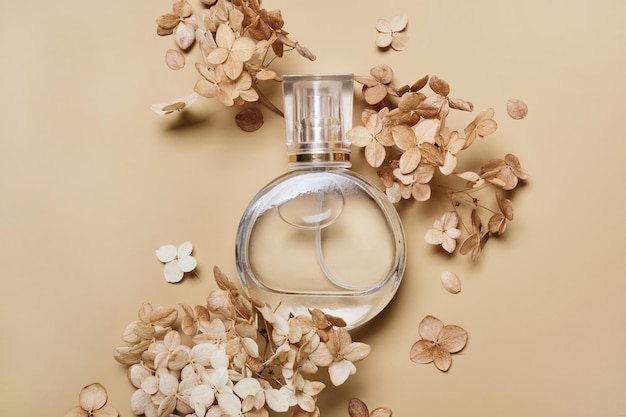 Bottle of Female perfume and dry flower arrangement on beige background Natural earthy colors