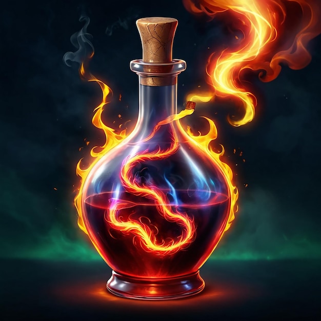 a bottle of fire in a dark background with flames and a fire extinguisher