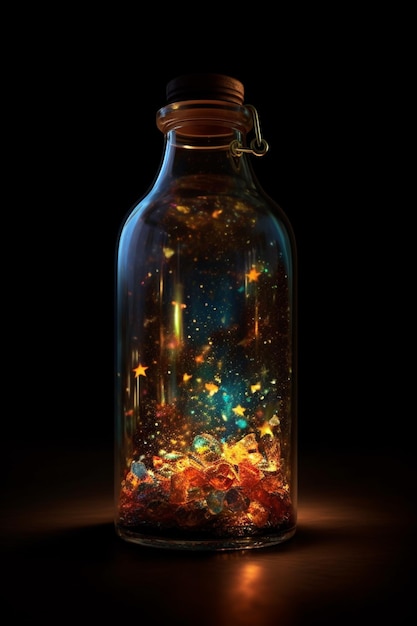 A bottle of fireflies is lit up with a black background.