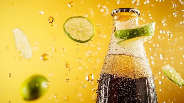 Photo bottle of fizzy beverage with lime slices and bubbles against a bright yellow background