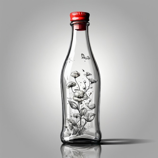 a bottle of flowers and leaves is shown on a gray background