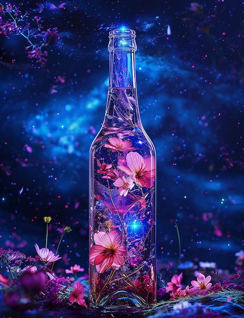 Photo a bottle of flowers with a purple background with a blue background with a flower in the middle