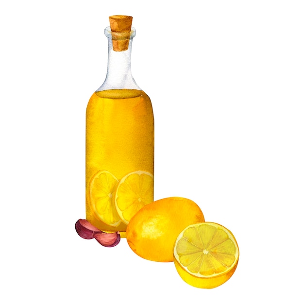 A bottle of fragrant olive oil with lemon and garlic decoration for kitchen for restaurant menus recipes