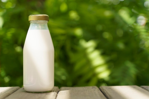 A bottle of fresh milk on a sunny summer farm meadow grass nature and plants Mockup eco food dairy