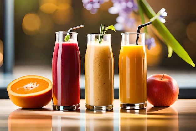 a bottle of fruit juice with an apple and an apple on the table.