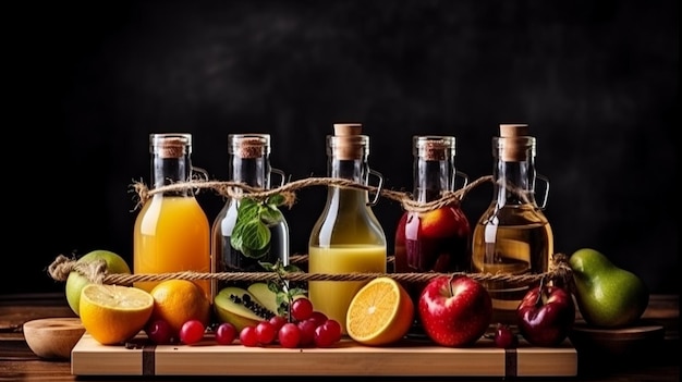 A bottle of fruit juice with a black background