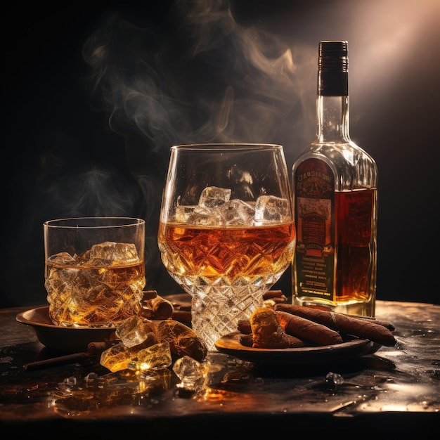 a bottle and a glass of whiskey with ice and a steaming