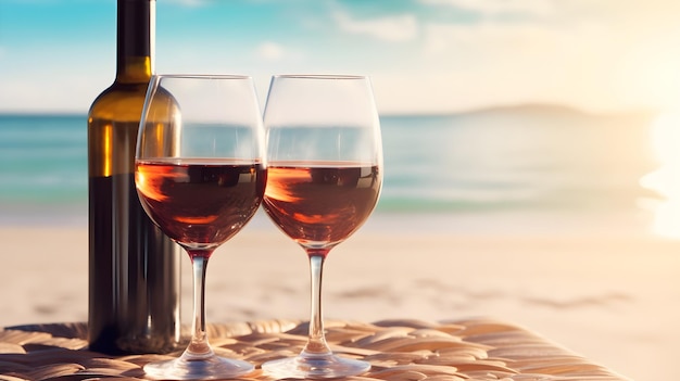 bottle and glass of wine on the beach