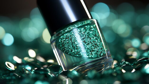 bottle of glitter green color nail polish for women