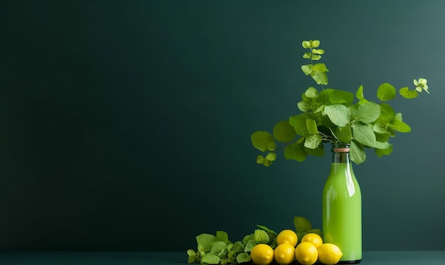 A bottle of green juice with a green bottle of lemonade and a bunch of green leaves.