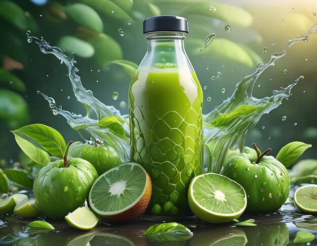 a bottle of green juice with green liquid and green leaves