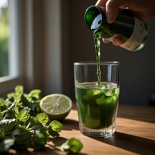 a bottle of green liquid is pouring into a glass