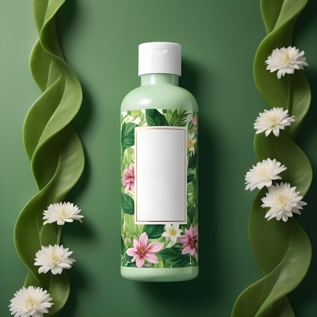 Photo a bottle of green liquid with flowers on the side