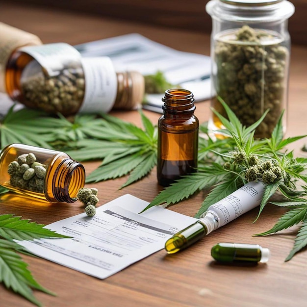 a bottle of green marijuana sits on a table with other bottles of alcohol