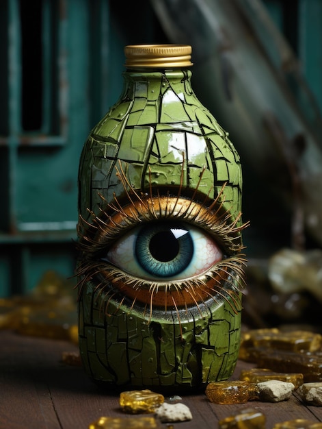 A bottle of green poison with an human eye on it