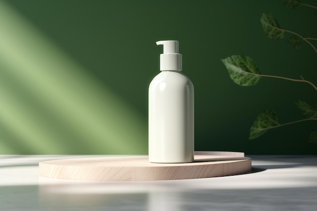 A bottle of hand sanitizer sits on a wooden tray with a green background.