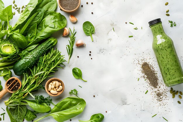 Bottle of healthy green smoothie on white