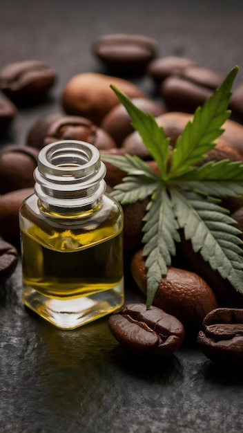 Bottle of hemp oil with coffee beans and hemp leaf