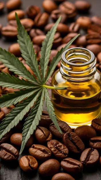 Bottle of hemp oil with coffee beans and hemp leaf