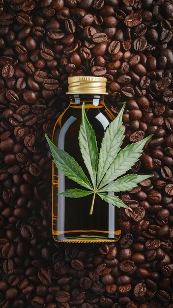 Bottle of hemp oil with coffee beans and hemp leaf