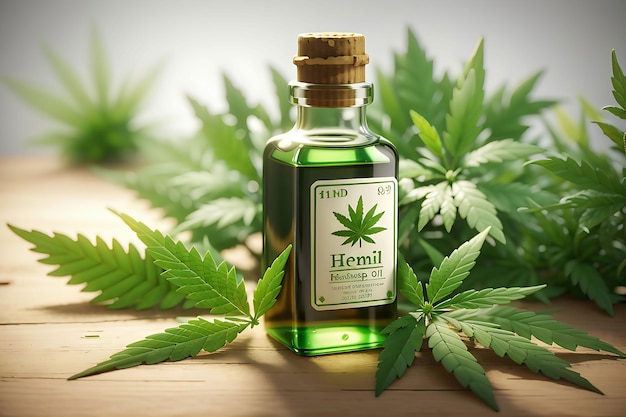 A bottle of Hemp oil with a green leaf on it