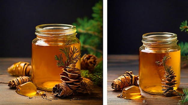 a bottle of honey sits next to a pine cone and a pine cone