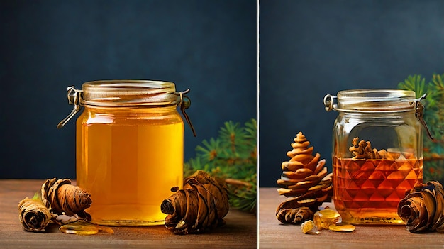 a bottle of honey with a pine cone on the top and a pine cone on the left