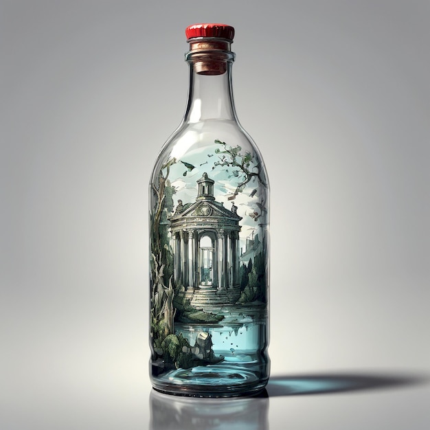 a bottle of a house sits on a table