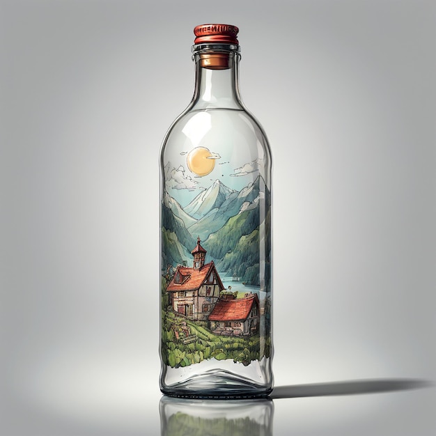 a bottle of a house with a painting of a mountain landscape