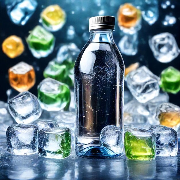 a bottle of ice cubes with a bottle of ice and a few ice cubes