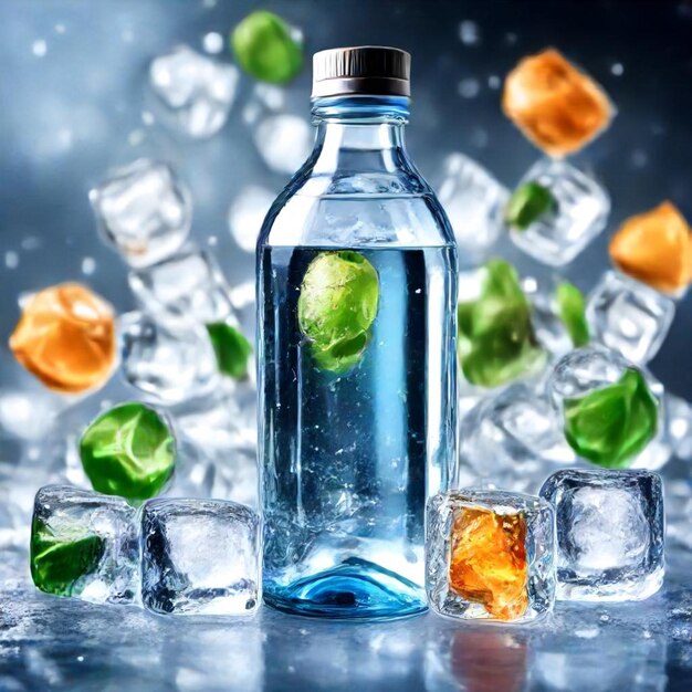 a bottle of ice cubes with lime slices and lime slices