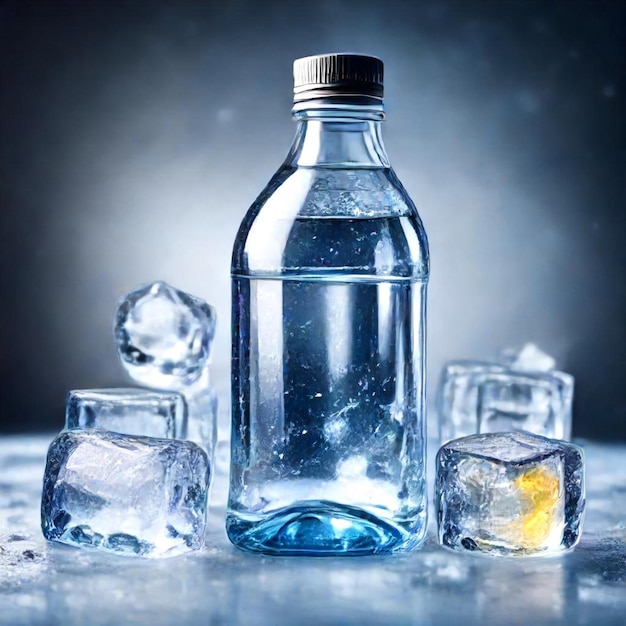 a bottle of ice with a blue light on it and ice cubes